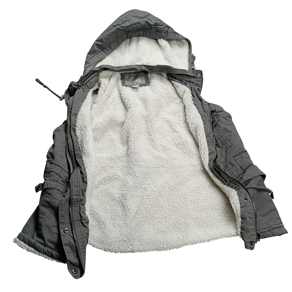 Falls Creek Utility Vest‎ Women Large Gray Faux Fur Lined Hooded Cotton